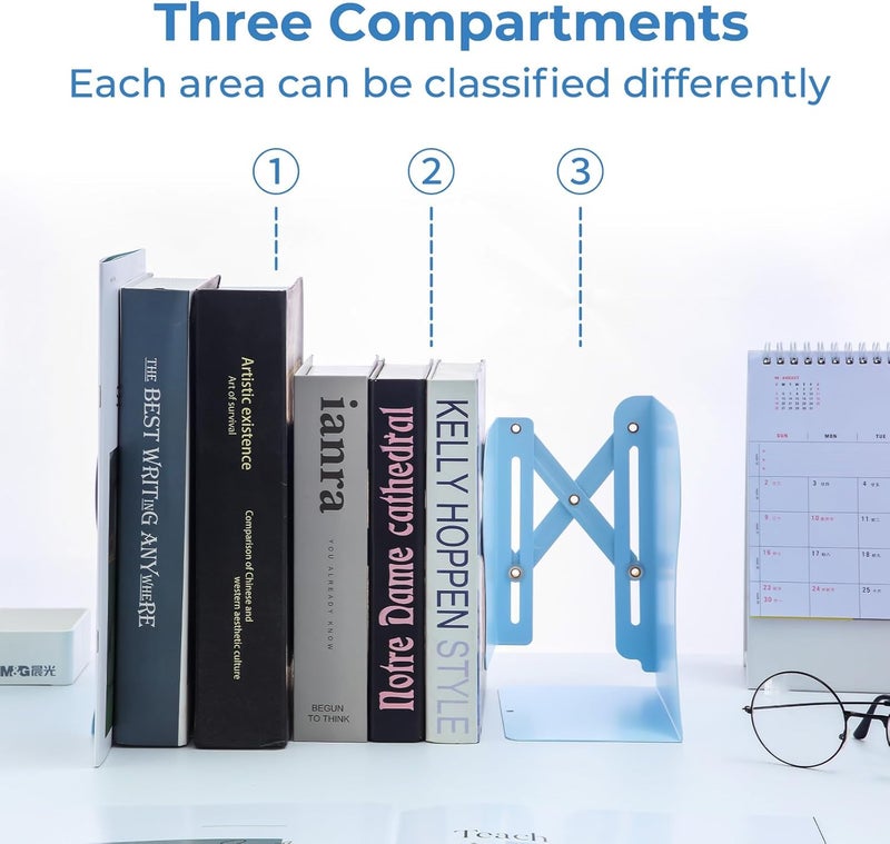 MG Adjustable Bookends Book Ends for Shelves, Metal Bookend for Heavy Books, Desk Magazine File Organizer Holder Extends up to 20in, Book Stopper for Home, Office, Classroom (Blue) - Image 3